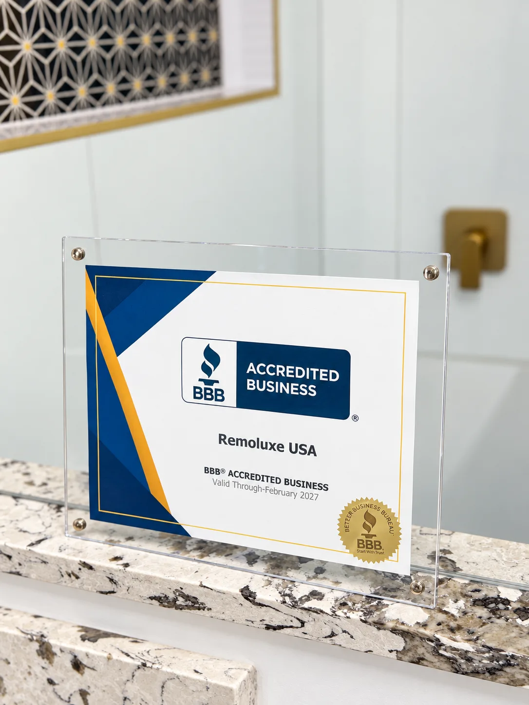 Remoluxe USA Better Business Bureau Accredited Business plaque, valid through February 2027