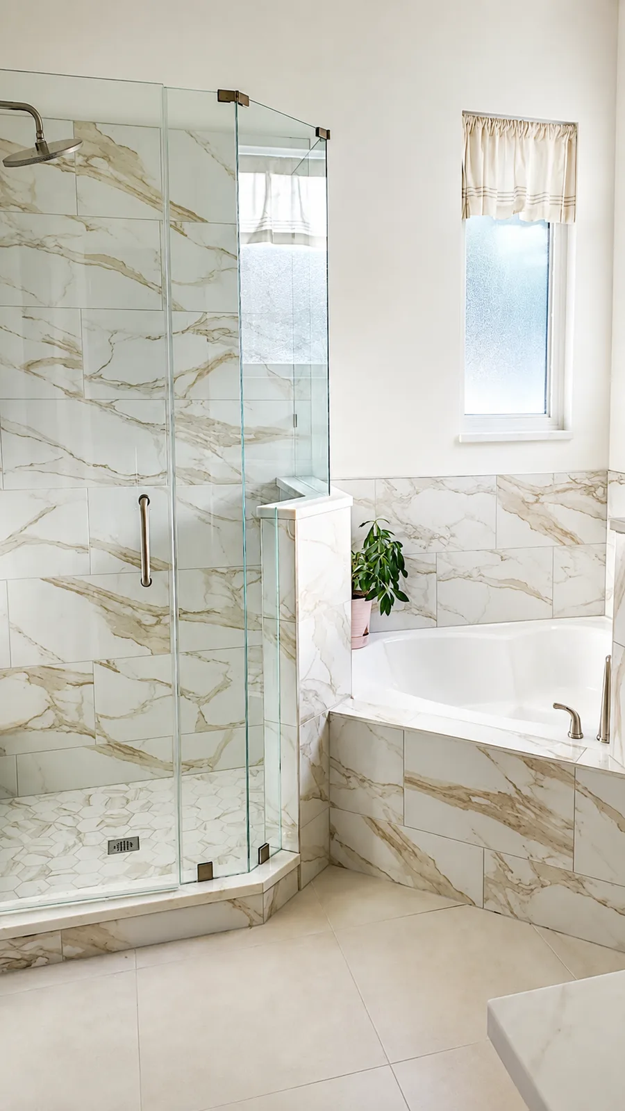 Walk-in shower with custom tile work by Remoluxe USA